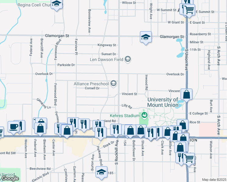 map of restaurants, bars, coffee shops, grocery stores, and more near 1490 Parkway Boulevard in Alliance