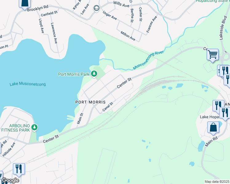map of restaurants, bars, coffee shops, grocery stores, and more near 275 Center Street in Roxbury Township