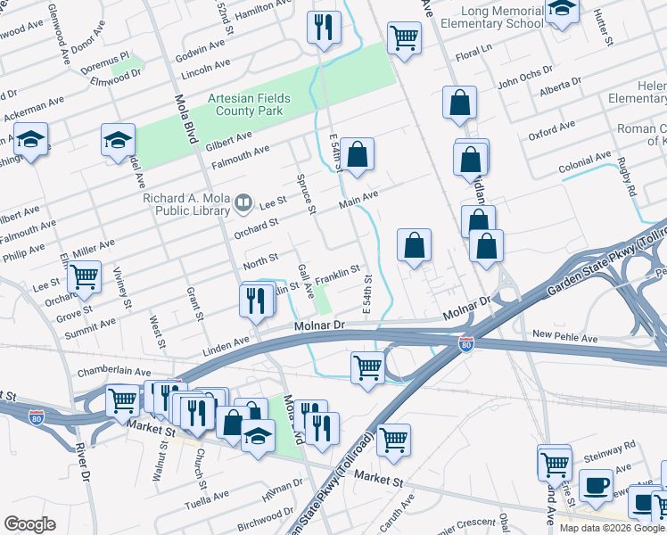 map of restaurants, bars, coffee shops, grocery stores, and more near 171 Franklin Street in Elmwood Park