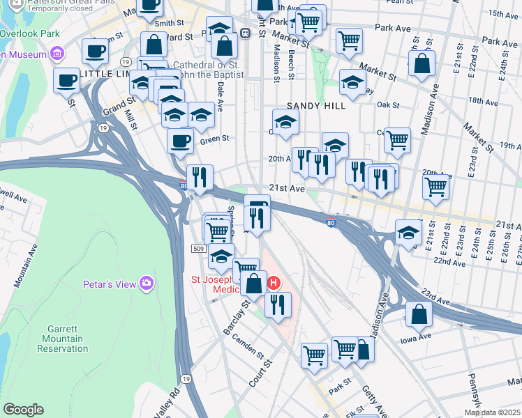 map of restaurants, bars, coffee shops, grocery stores, and more near 519 Passaic County 647 in Paterson