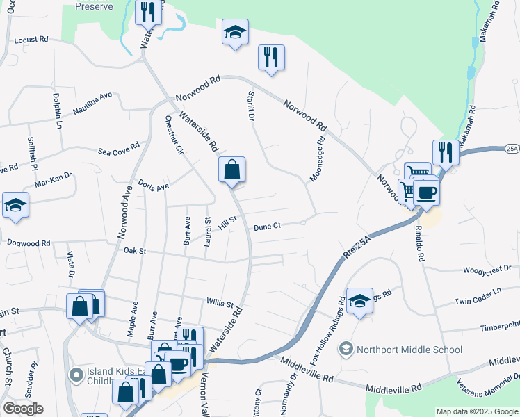 map of restaurants, bars, coffee shops, grocery stores, and more near 9 Conifer Court in Northport