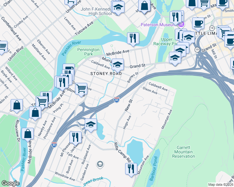 map of restaurants, bars, coffee shops, grocery stores, and more near 173 Ramsey Street in Paterson
