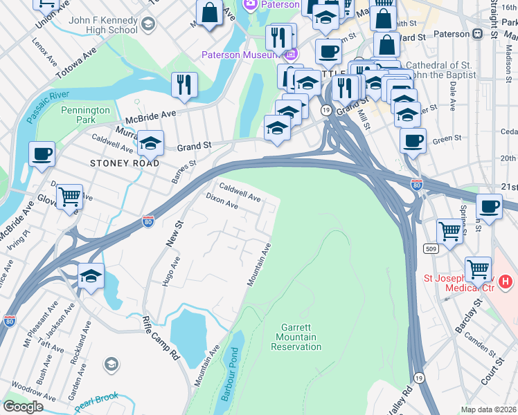 map of restaurants, bars, coffee shops, grocery stores, and more near 66 Garret Street in Paterson