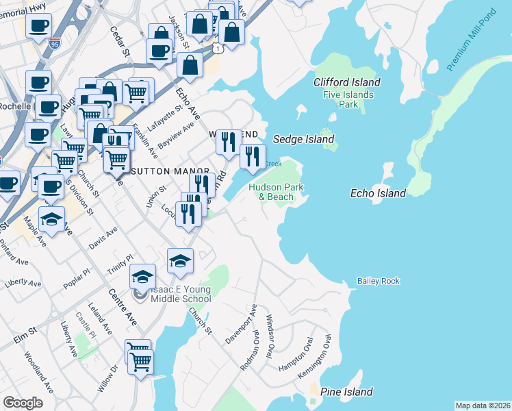 map of restaurants, bars, coffee shops, grocery stores, and more near 44 Wildcliff Road in New Rochelle