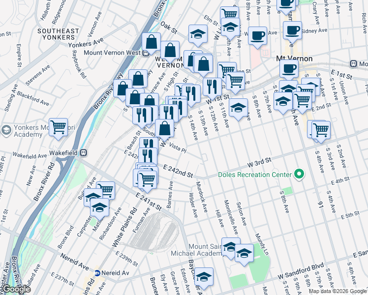 map of restaurants, bars, coffee shops, grocery stores, and more near in The Bronx