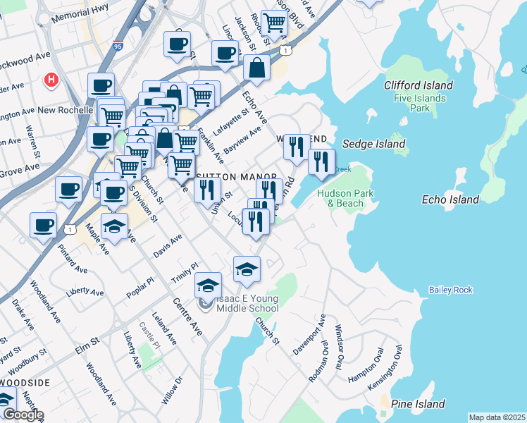 map of restaurants, bars, coffee shops, grocery stores, and more near 153 Franklin Avenue in New Rochelle
