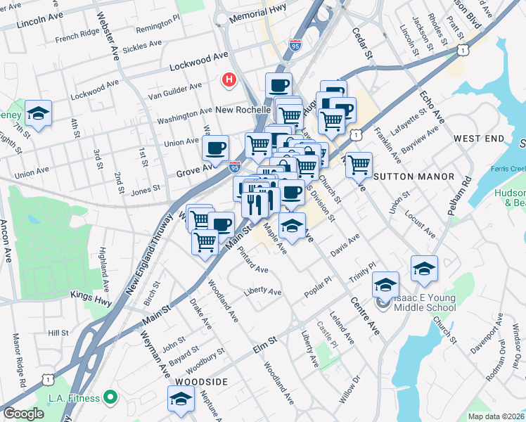 map of restaurants, bars, coffee shops, grocery stores, and more near 610 Main Street in New Rochelle