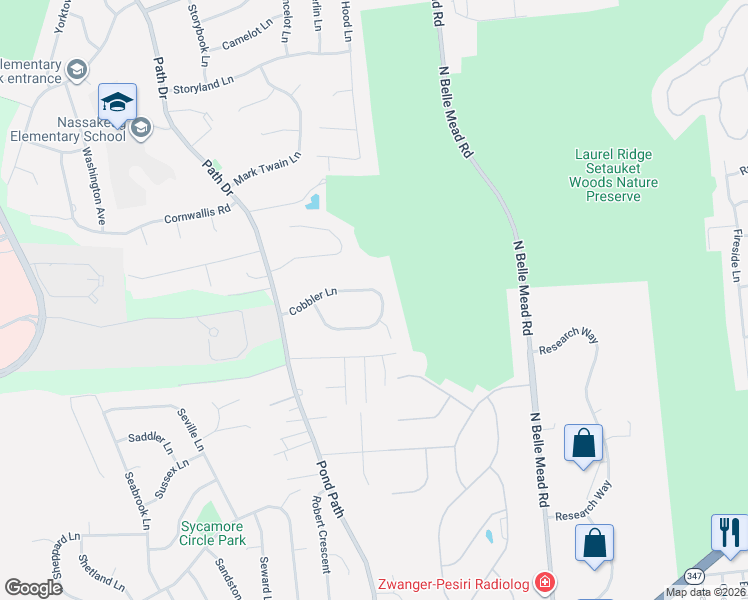 map of restaurants, bars, coffee shops, grocery stores, and more near 17 Cobbler Lane in Setauket- East Setauket