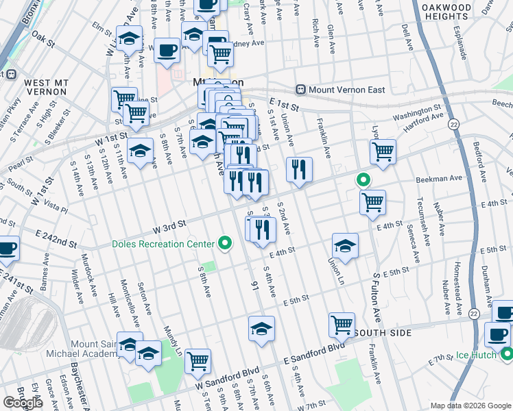 map of restaurants, bars, coffee shops, grocery stores, and more near 10 East 3rd Street in Mount Vernon