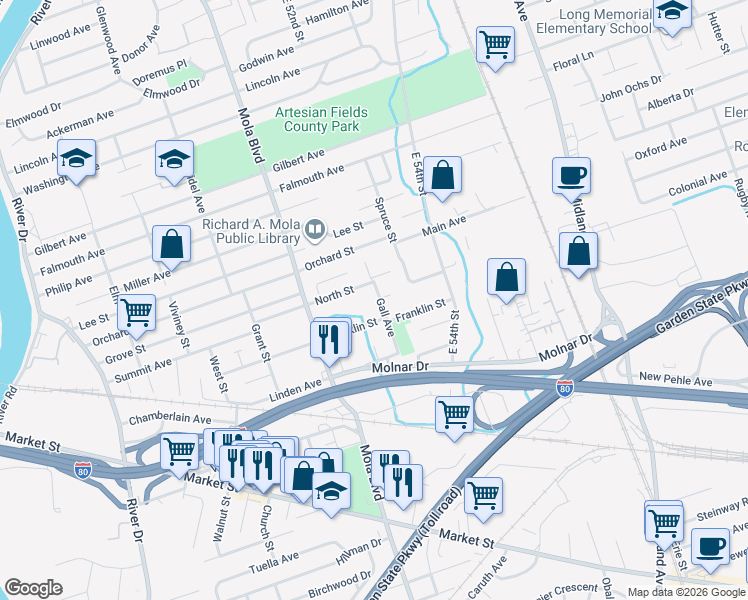 map of restaurants, bars, coffee shops, grocery stores, and more near 18 Gall Avenue in Elmwood Park