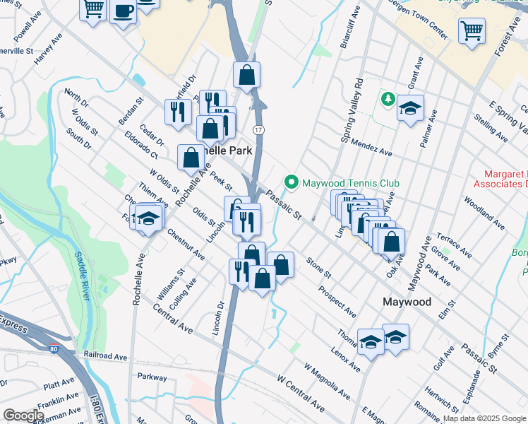 map of restaurants, bars, coffee shops, grocery stores, and more near 218 New Jersey 17 in Rochelle Park