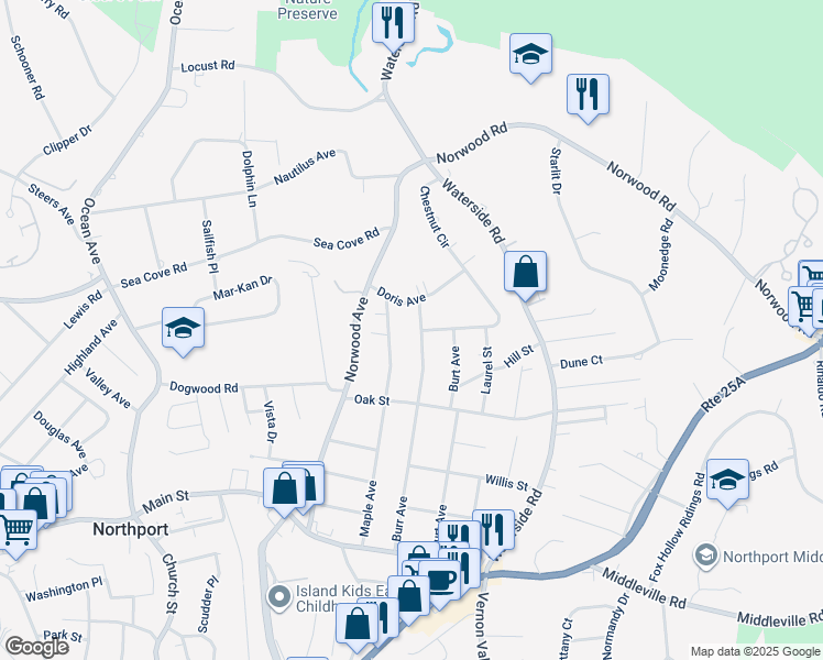 map of restaurants, bars, coffee shops, grocery stores, and more near 135 Burr Avenue in Northport