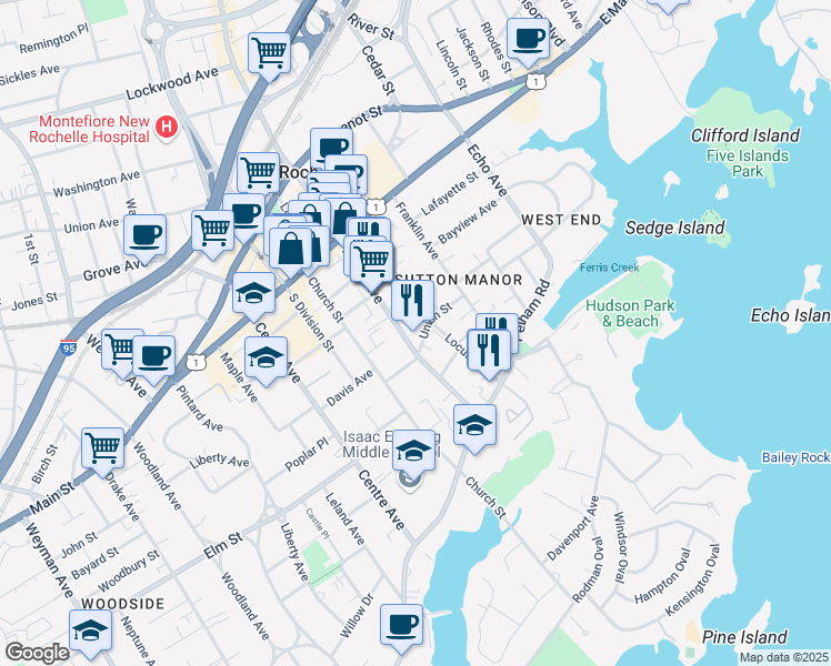 map of restaurants, bars, coffee shops, grocery stores, and more near 85 North Avenue in New Rochelle