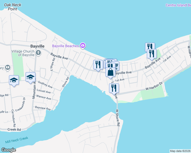 map of restaurants, bars, coffee shops, grocery stores, and more near 34 Quincy Avenue in Bayville