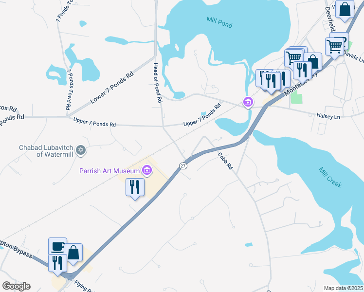 map of restaurants, bars, coffee shops, grocery stores, and more near 34 Head of Pond Road in Water Mill