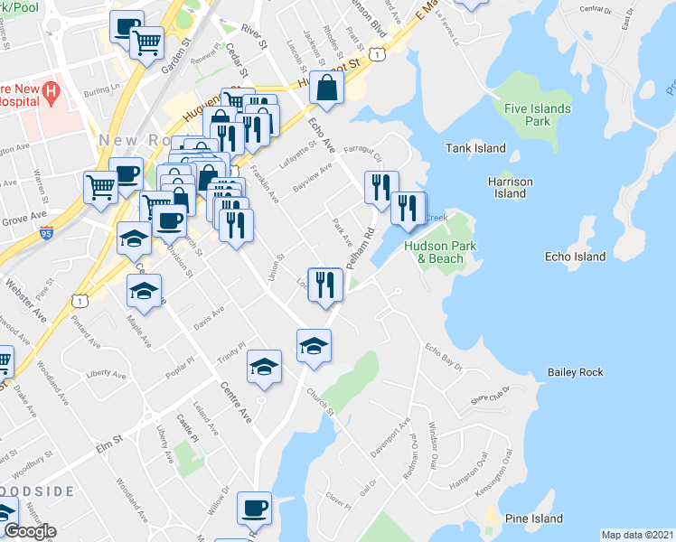 map of restaurants, bars, coffee shops, grocery stores, and more near 153 Franklin Avenue in New Rochelle