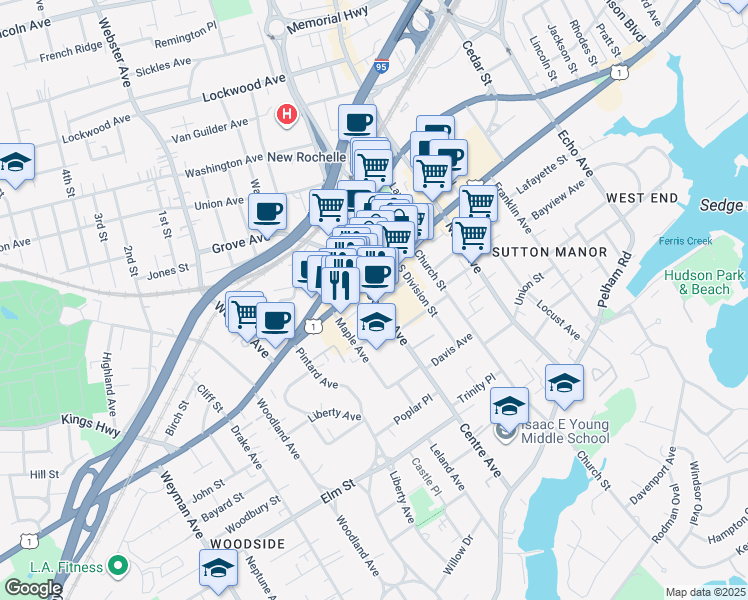 map of restaurants, bars, coffee shops, grocery stores, and more near 108 Centre Avenue in New Rochelle