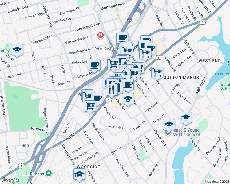 map of restaurants, bars, coffee shops, grocery stores, and more near 610 Main Street in New Rochelle