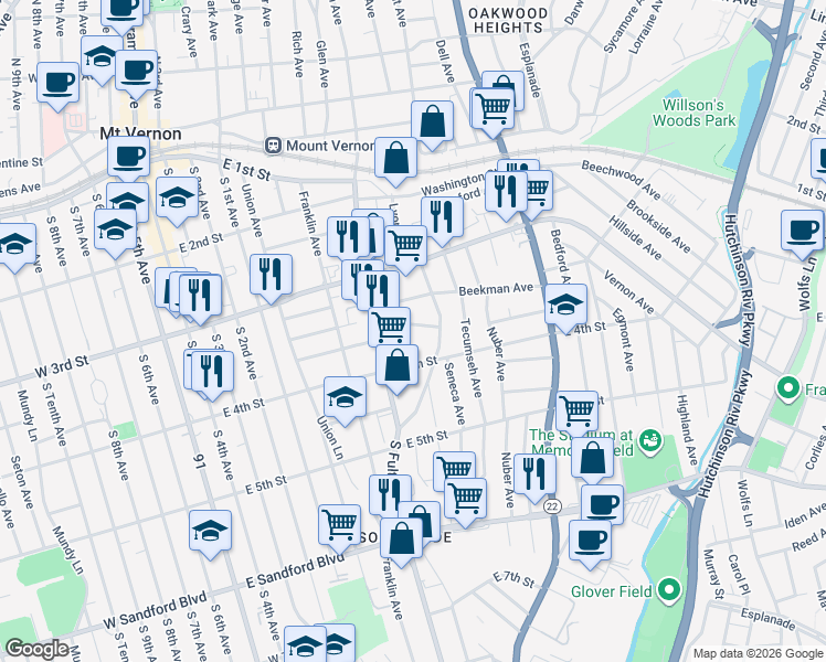 map of restaurants, bars, coffee shops, grocery stores, and more near 259 South Fulton Avenue in Mount Vernon