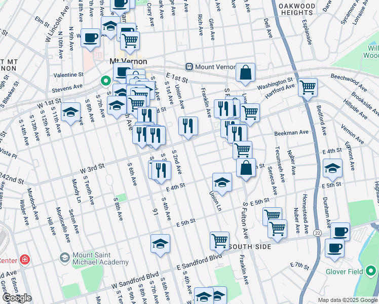 map of restaurants, bars, coffee shops, grocery stores, and more near 228 Union Avenue in Mount Vernon