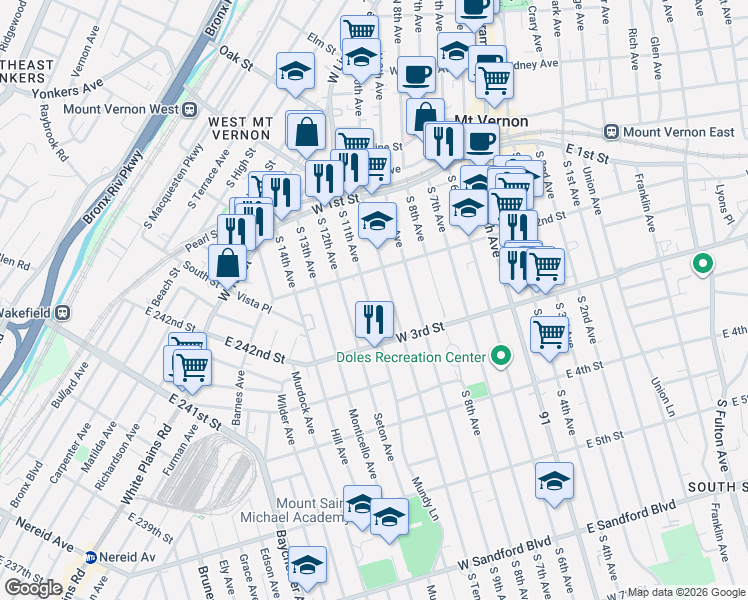 map of restaurants, bars, coffee shops, grocery stores, and more near 133 South 11th Avenue in Mount Vernon