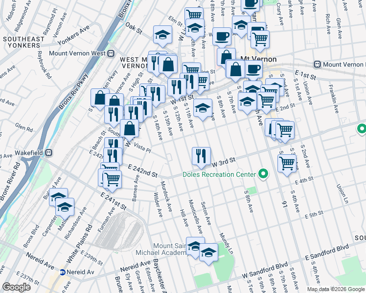 map of restaurants, bars, coffee shops, grocery stores, and more near 126 South 12th Avenue in Mount Vernon
