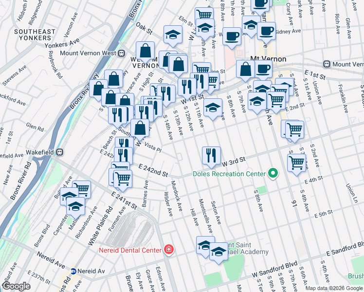 map of restaurants, bars, coffee shops, grocery stores, and more near 115 South 14th Avenue in Mount Vernon
