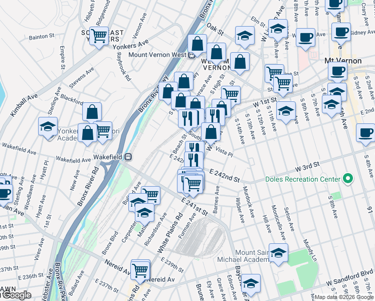 map of restaurants, bars, coffee shops, grocery stores, and more near 4809 Robertson Street in Bronx