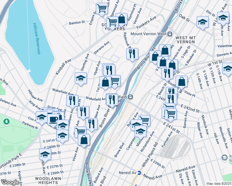 map of restaurants, bars, coffee shops, grocery stores, and more near 167 Bronx River Road in Yonkers