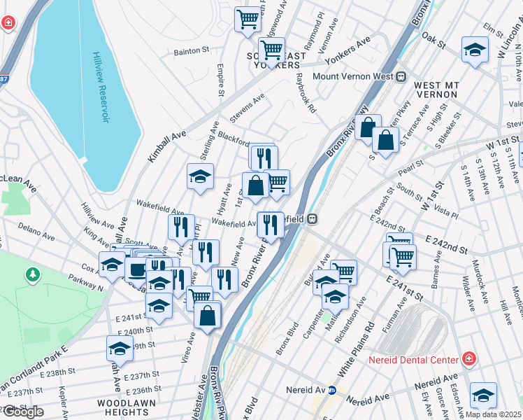 map of restaurants, bars, coffee shops, grocery stores, and more near in Yonkers