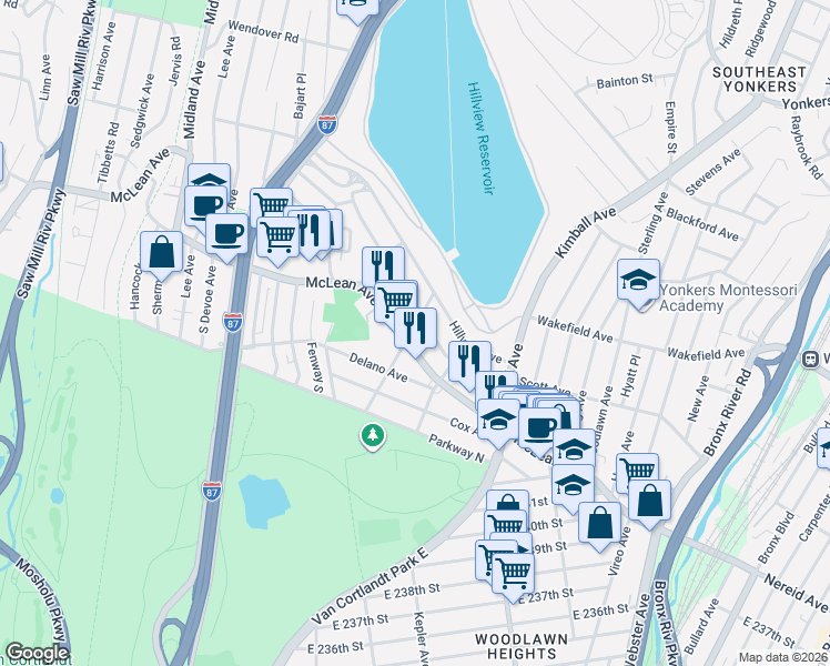 map of restaurants, bars, coffee shops, grocery stores, and more near 73 King Avenue in Yonkers