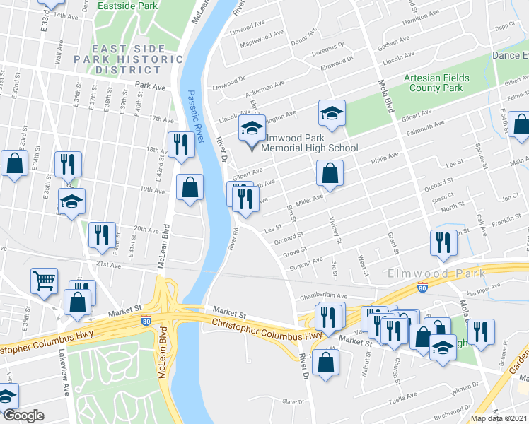 map of restaurants, bars, coffee shops, grocery stores, and more near 18 Miller Avenue in Elmwood Park