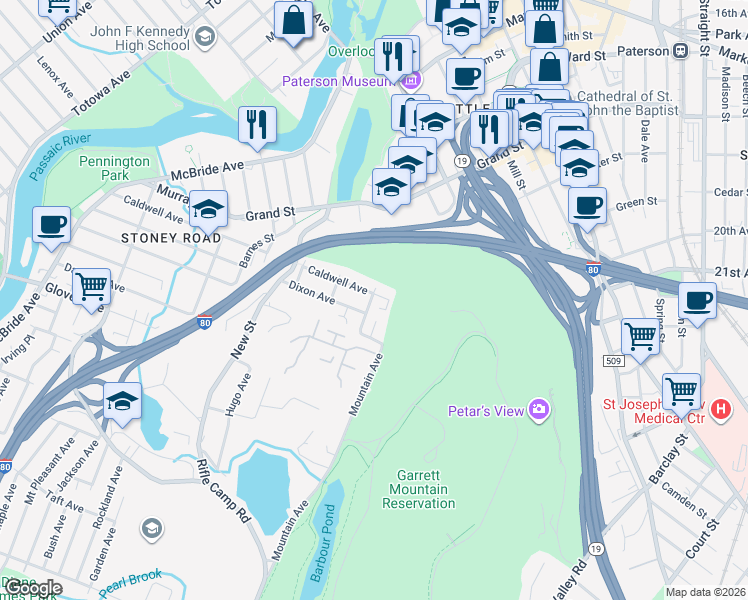 map of restaurants, bars, coffee shops, grocery stores, and more near 74 Garret Street in Paterson