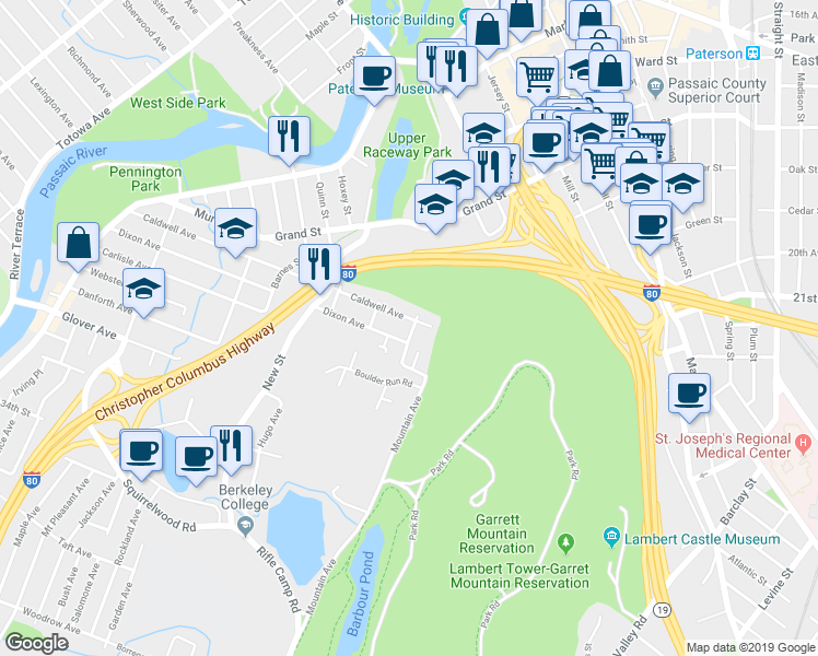 map of restaurants, bars, coffee shops, grocery stores, and more near 74 Garret Street in Paterson