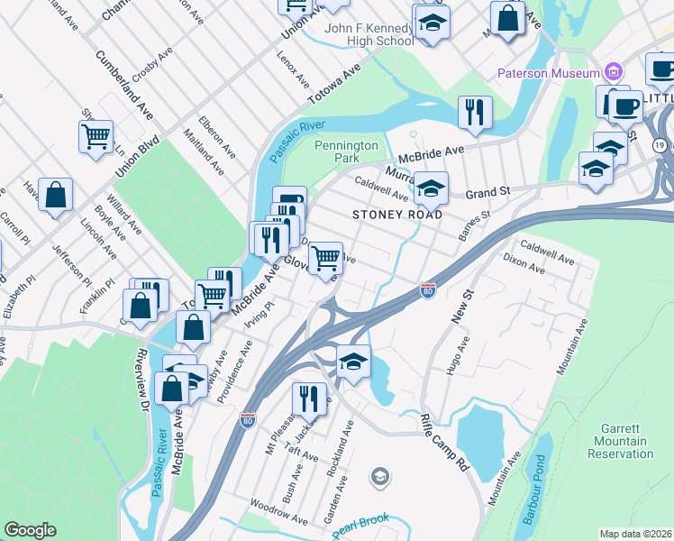 map of restaurants, bars, coffee shops, grocery stores, and more near 91 Glover Avenue in Paterson