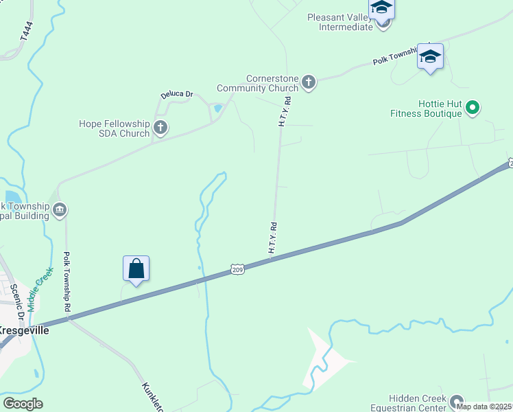 map of restaurants, bars, coffee shops, grocery stores, and more near 139 H.T.Y. Road in Kunkletown