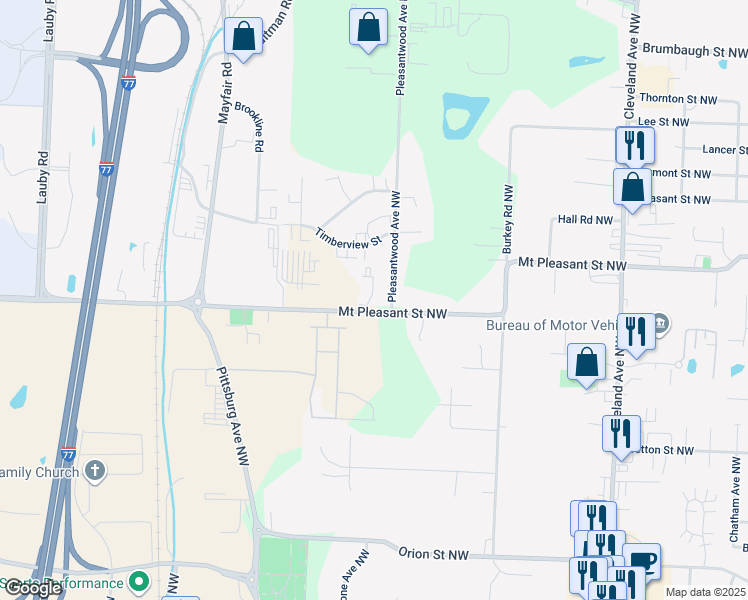 map of restaurants, bars, coffee shops, grocery stores, and more near 3817 Mount Pleasant Street Northwest in North Canton