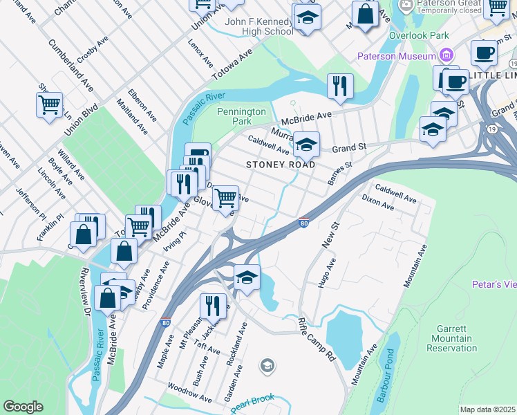 map of restaurants, bars, coffee shops, grocery stores, and more near 106 Danforth Avenue in Paterson
