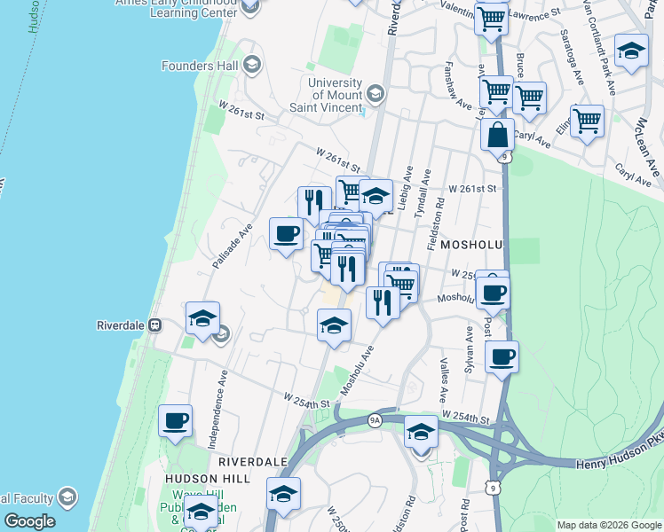 map of restaurants, bars, coffee shops, grocery stores, and more near 5671 Riverdale Avenue in Bronx