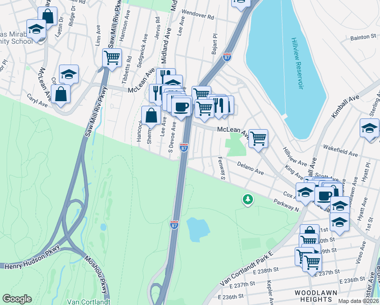 map of restaurants, bars, coffee shops, grocery stores, and more near 25 Longmeadow Road in Yonkers