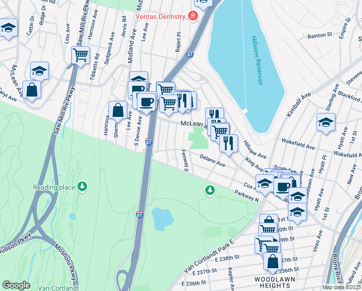 map of restaurants, bars, coffee shops, grocery stores, and more near 240 West Delano Avenue in Yonkers