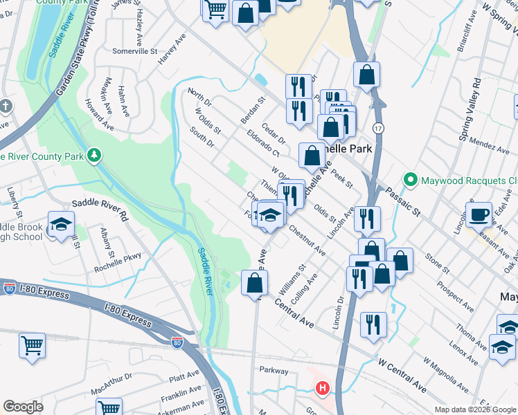 map of restaurants, bars, coffee shops, grocery stores, and more near 19 Chestnut Street in Rochelle Park