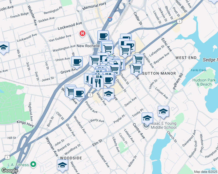 map of restaurants, bars, coffee shops, grocery stores, and more near 108 Centre Avenue in New Rochelle
