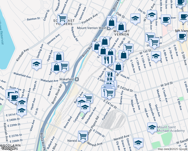 map of restaurants, bars, coffee shops, grocery stores, and more near 545 East 242nd Street in The Bronx