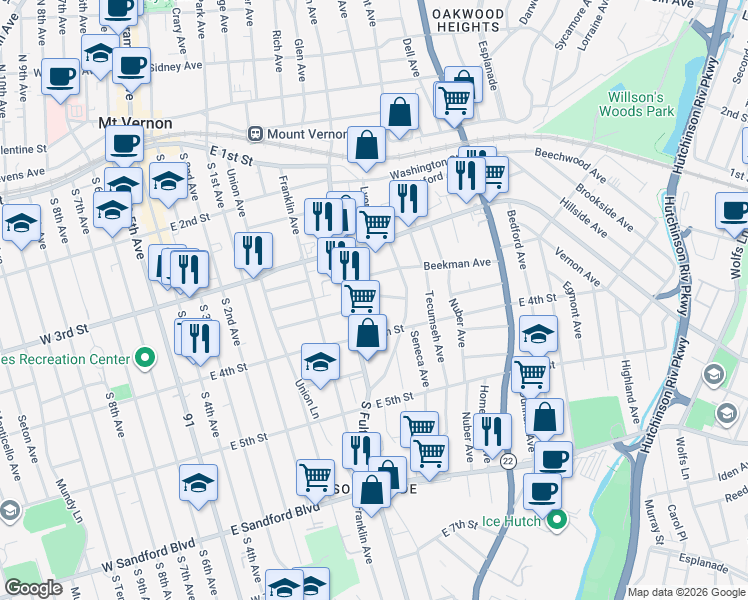map of restaurants, bars, coffee shops, grocery stores, and more near 259 South Fulton Avenue in Mount Vernon