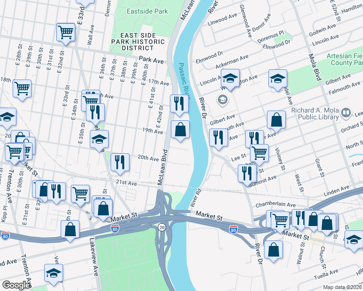map of restaurants, bars, coffee shops, grocery stores, and more near 263 McLean Boulevard in Paterson