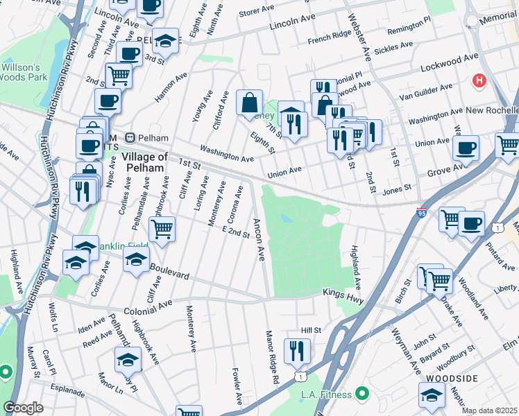 map of restaurants, bars, coffee shops, grocery stores, and more near 133 Elderwood Avenue in Village of Pelham