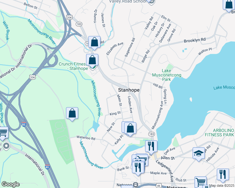 map of restaurants, bars, coffee shops, grocery stores, and more near Main Street & Bell Street in Stanhope