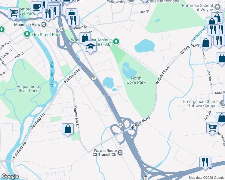 map of restaurants, bars, coffee shops, grocery stores, and more near 2432 Crossing Way in Wayne