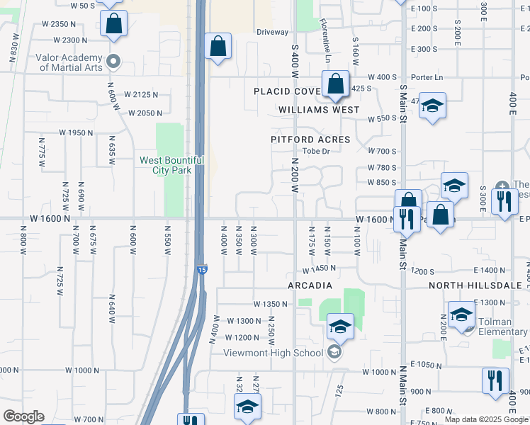 map of restaurants, bars, coffee shops, grocery stores, and more near 308 West 1600 North in Bountiful